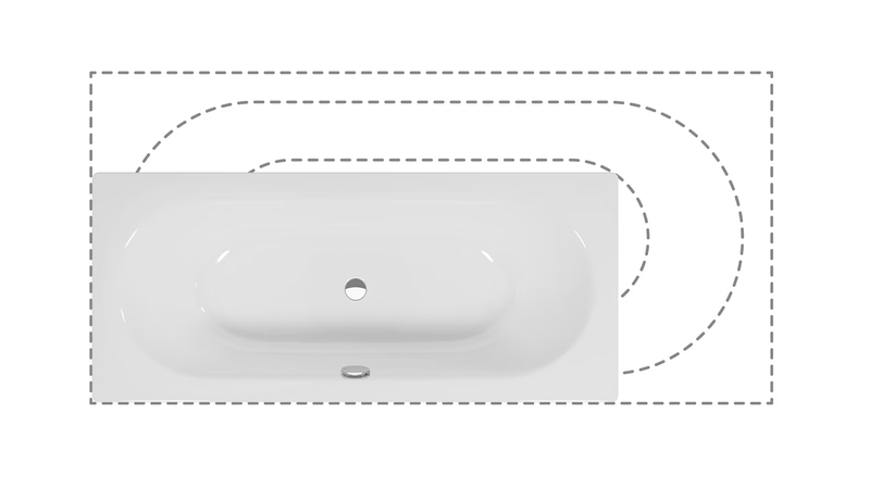 Schmidlin DUETT VARIO – weisse Badewanne mit gestrichelter Kontur zur Darstellung der maximal möglichen Grösse.