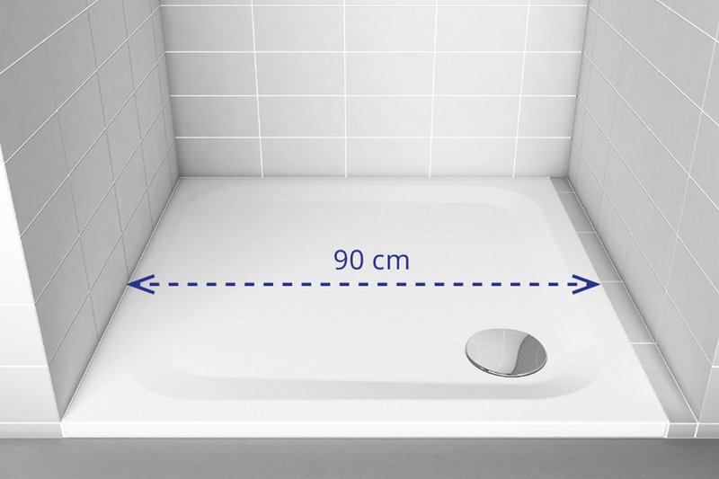 Schmidlin Duschwanne im Standardmass mit seitlichem Fliesenrand und Breitenangabe von 90 cm