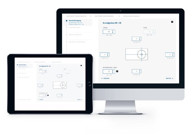 Schmidlin Online-Konfigurator zur individuellen Produktgestaltung, dargestellt auf Desktop-Computer und Tablet.