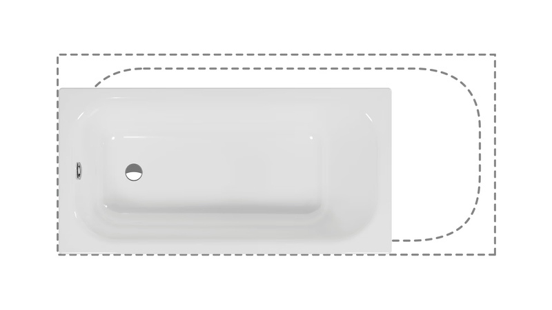 Schmidlin NORM CLASSIC VARIO – weisse Badewanne mit gestrichelter Kontur zur Darstellung der maximal möglichen Grösse.