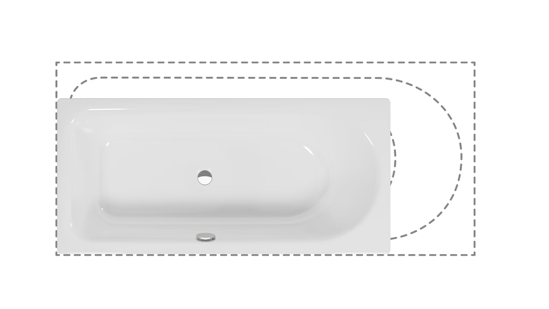 Schmidlin OCEAN VARIO – weisse Badewanne mit gestrichelter Kontur zur Darstellung der maximal möglichen Grösse.