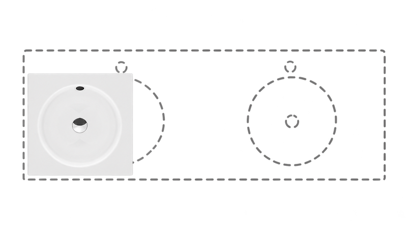 Schmidlin ORBIS VARIO – weisser Waschtisch mit rundem Becken und gestrichelter Kontur zur Darstellung der maximal möglichen Grösse.