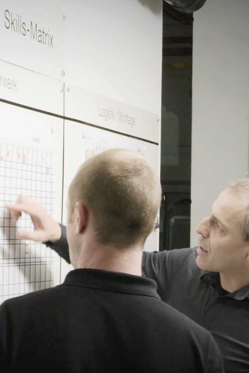 Zwei Mitarbeitende betrachten und besprechen die SchmidLEAN Skills-Matrix an einer Wand