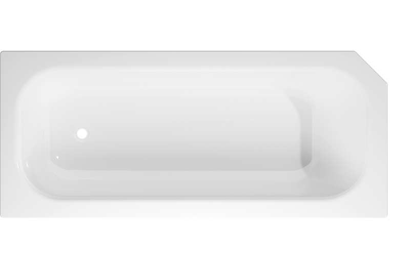 Weisse, rechteckige Badewanne in Draufsicht mit einer abgeschrägten Ecke und weich gerundeter Innenform.