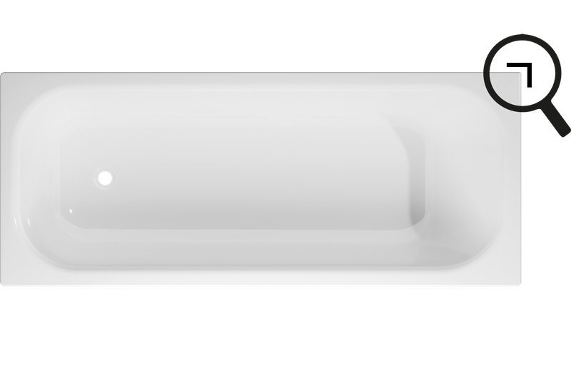 Weisse, rechteckige Badewanne in Draufsicht mit einer spitz zulaufenden Ecke und weich gerundeter Innenform.