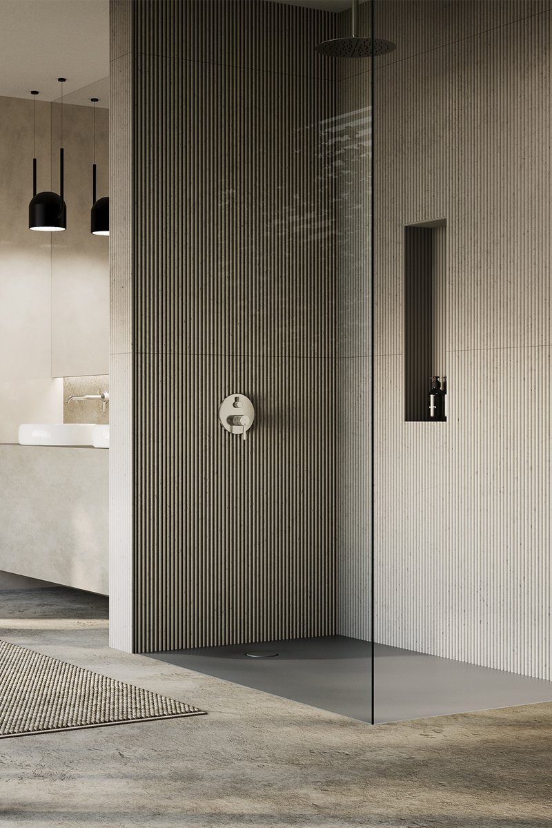 Bodenebene Schmidlin Duschfläche in moderner Dusche mit strukturierter Wandgestaltung
