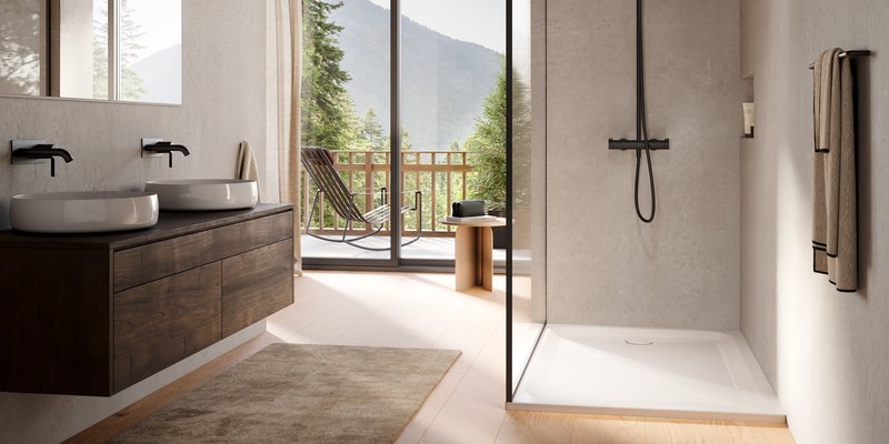 Schmidlin Duschwanne in moderner Dusche mit Wandarmatur