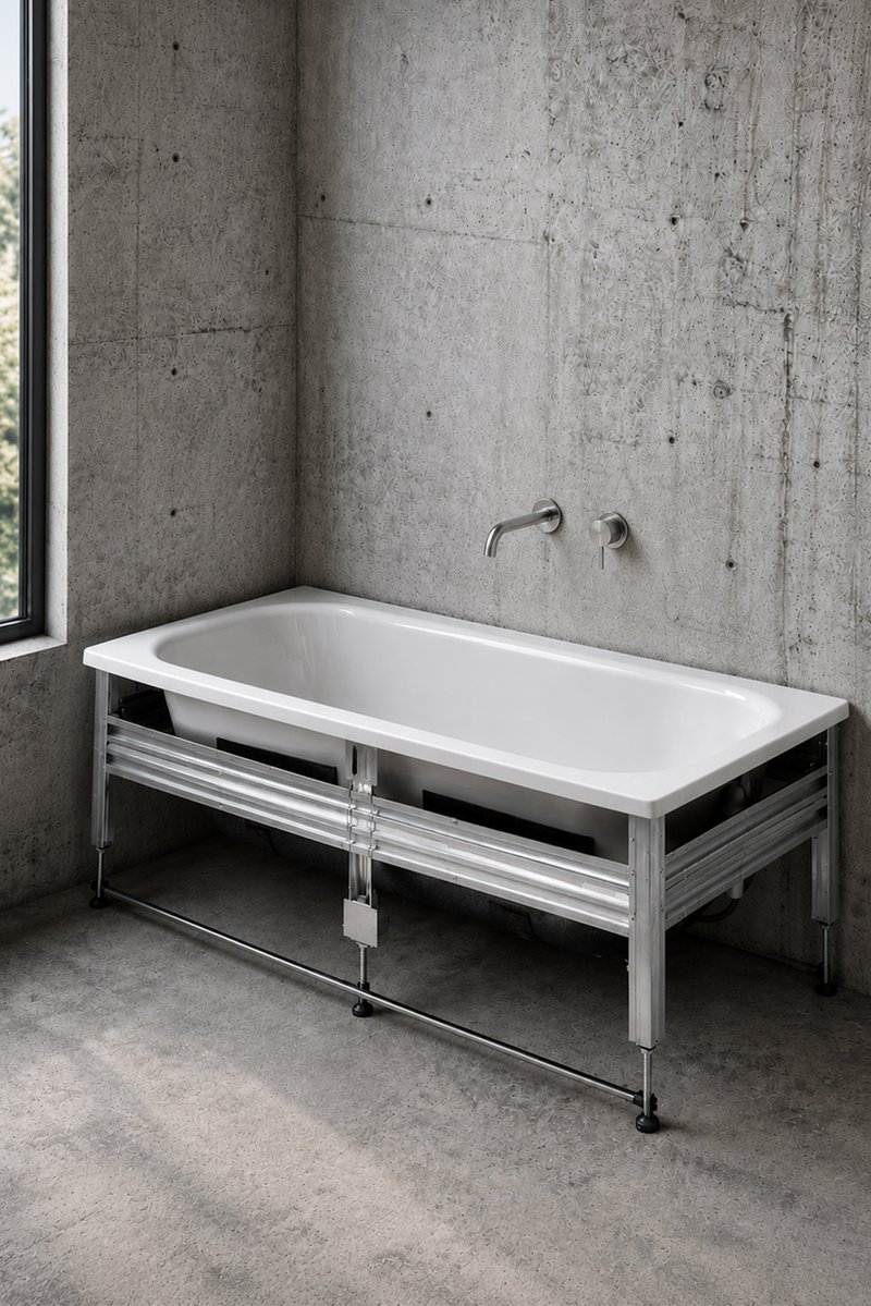 Schmidlin Badewanne aus glasiertem Titanstahl mit höhenverstellbarem Montagerahmen für eine einfache und präzise Installation im Rohbau.