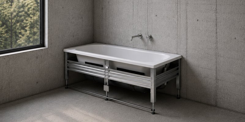 Schmidlin Badewanne aus glasiertem Titanstahl mit höhenverstellbarem Montagerahmen für eine einfache und präzise Installation im Rohbau.