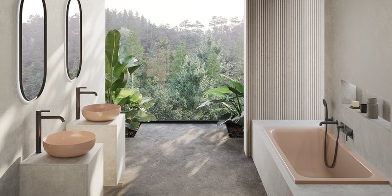 Grosszügiges Badezimmer mit Schmidlin Waschbecken, integrierter Badewanne und natürlichem Lichteinfall mit Blick ins Grüne