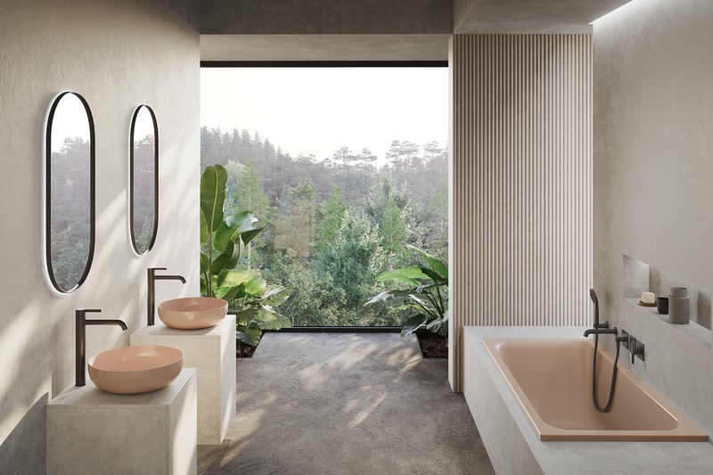 Grosszügiges Badezimmer mit Schmidlin Waschbecken, integrierter Badewanne und natürlichem Lichteinfall mit Blick ins Grüne