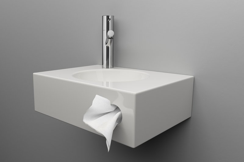 Hochwertiges Wandwaschbecken mit integriertem Kosmetiktuchspender und moderner Armatur in klarer, eleganter Gestaltung