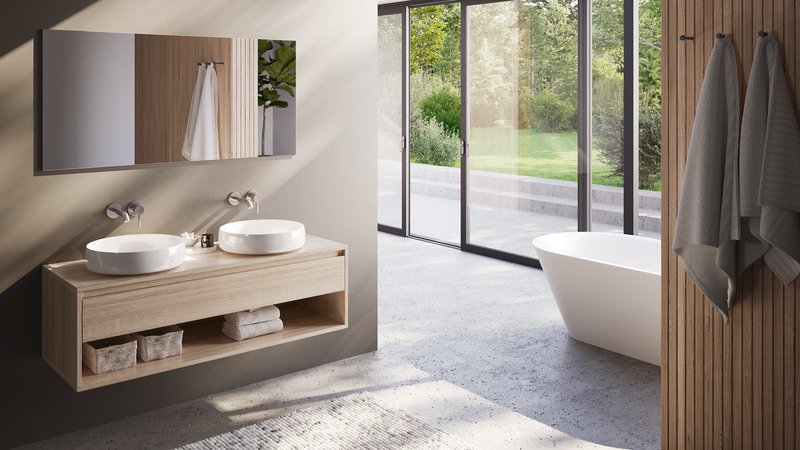 Bagno moderno con lavabo a ciotola Schmidlin MAVA e vasca da bagno Schmidlin SELLA SHAPE.