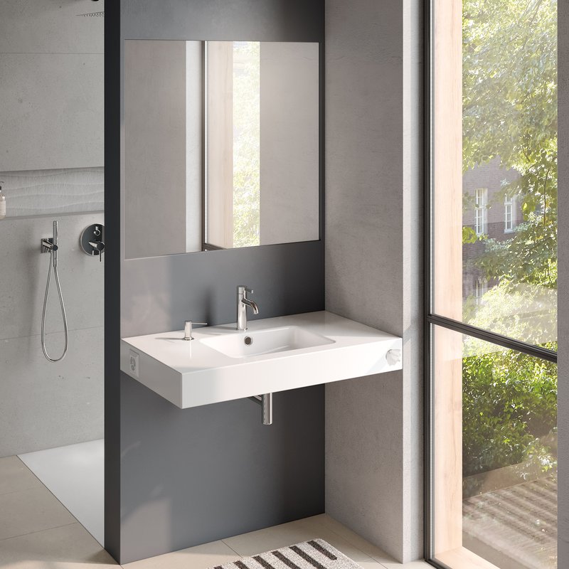 Schmidlin MERO Wandbecken mit integrierter Steckdose und Kosmetiktuchspender in modernem Badezimmer.