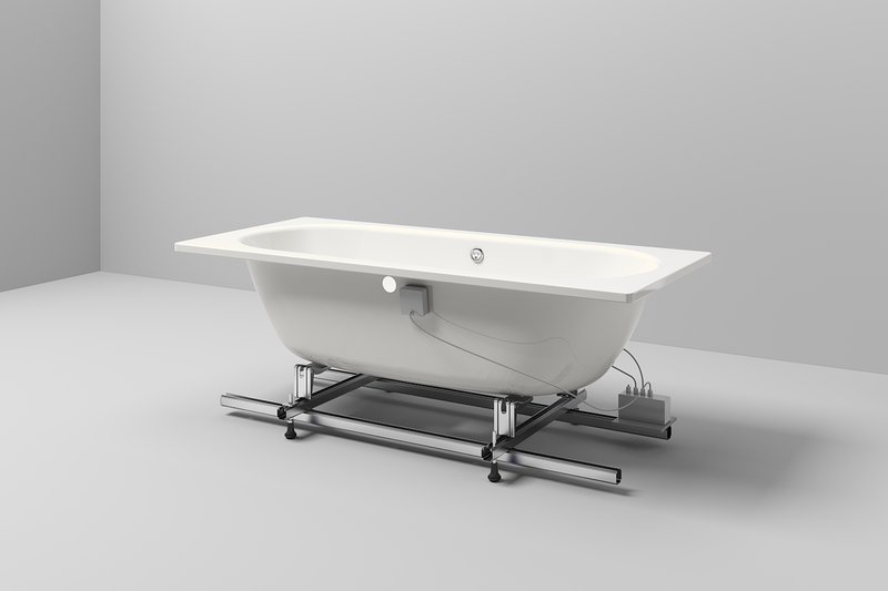 Badewanne mit Schmidlin Soundbox System, das die Wanne als Lautsprecher nutzt – Technikmodul und Rahmen sichtbar.