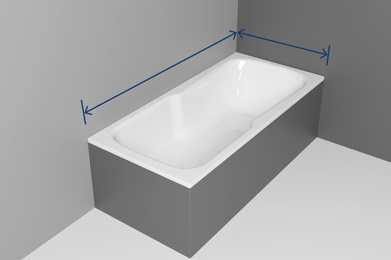 Alte, eingebaute Badewanne in einer Ecke, entlang der Wand mit Pfeilen zur Längenmessung markiert.