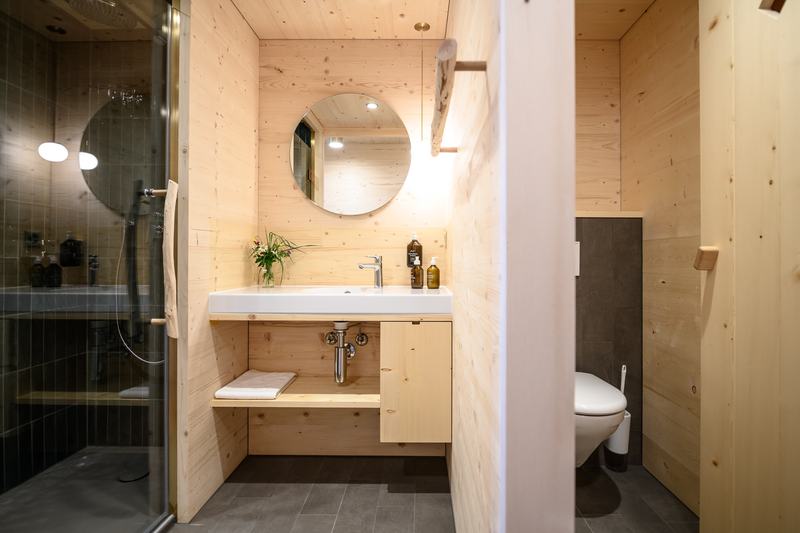 Modernes Badezimmer im Chalet-Stil mit Holzverkleidung, Waschbecken, Spiegel und Dusche